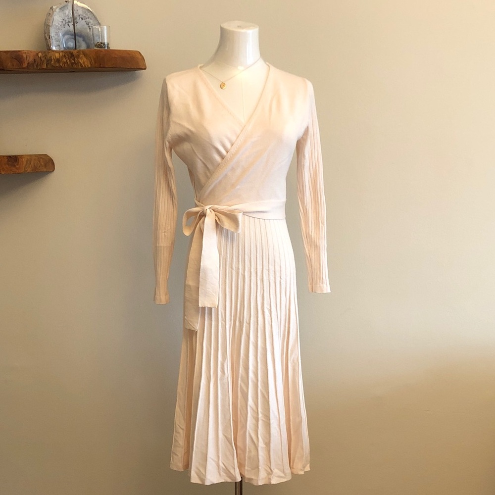 Chic Cream Long Sleeve Wrap Sweater Dress